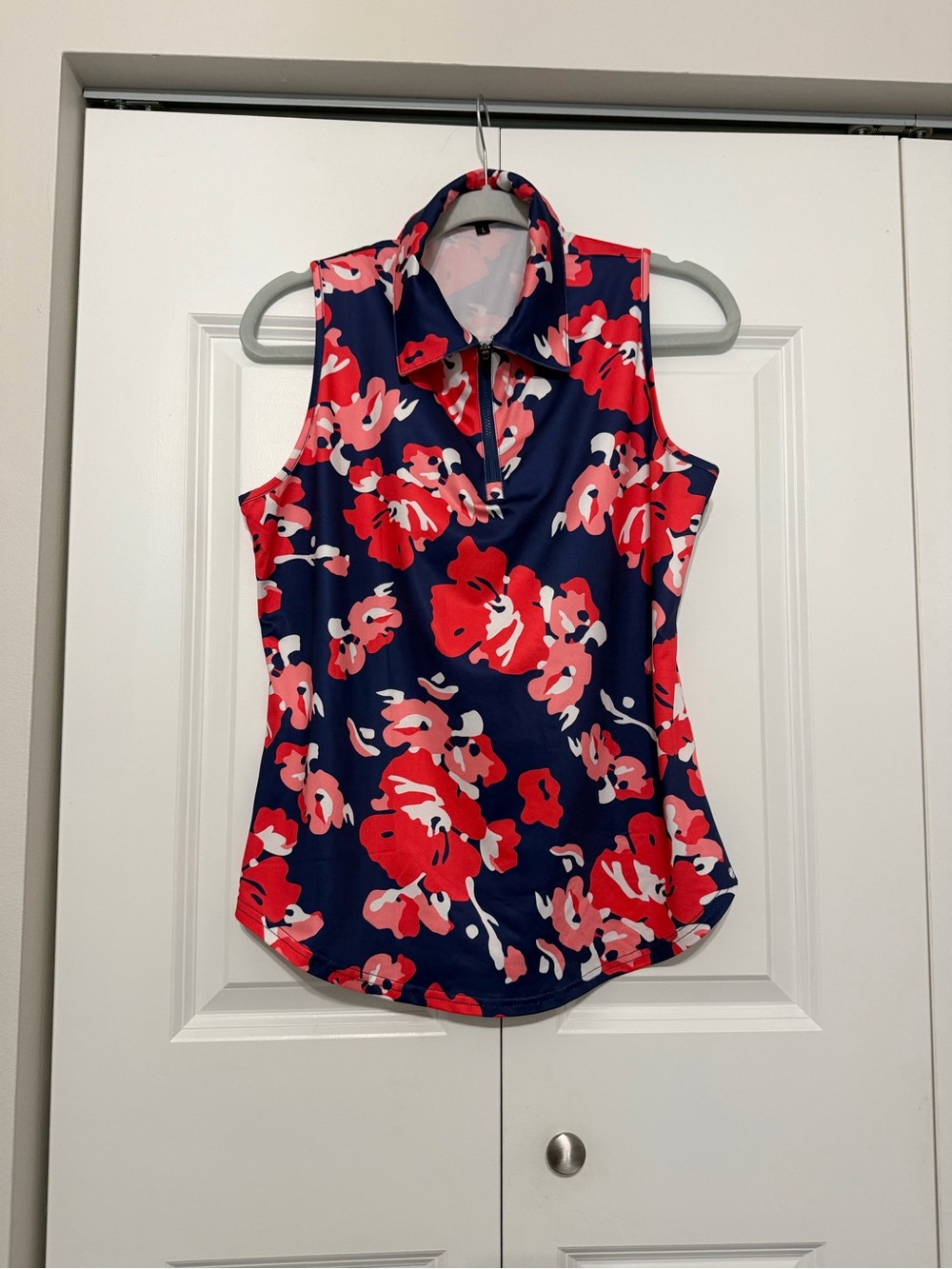 Navy Floral Zip Golf Polo Tank with Red and Pink Blooms